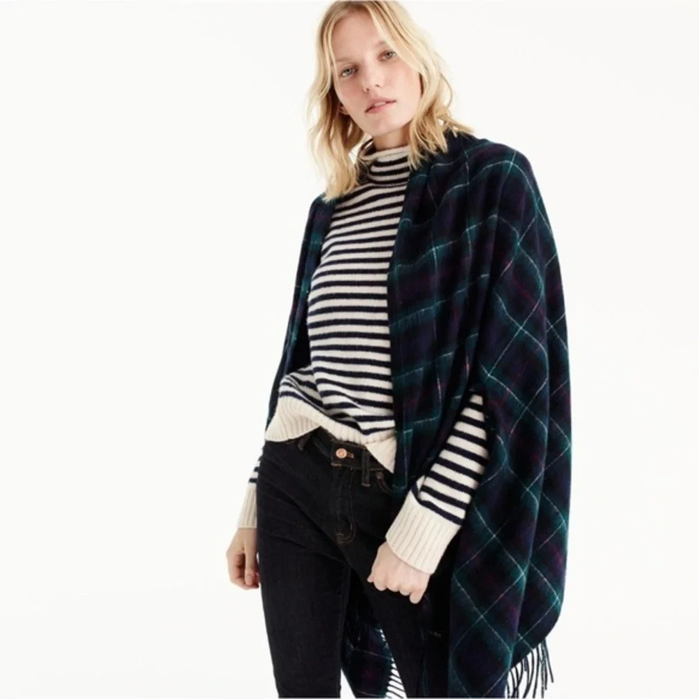 J.Crew Plaid Cape Scarf Navy Green Classic Tartan Check